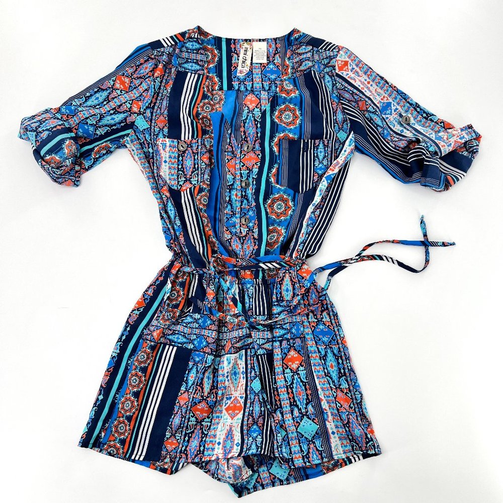 Mimi Chica Women XS Blue Romper Floral Button Up Front Waist Tie Roll Tab Sleeve